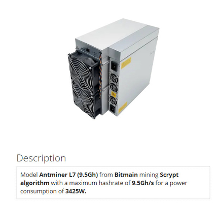 Ανθρακωρύχος Dogecoin Bitmain Asic Antminer L7 9.16Gh 3425W 12V Blockchain Litecoin