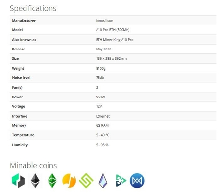 A10 υπέρ ανθρακωρύχος Ethereum 960W EtHash Algo 500Mh ETH Innosilicon Asic
