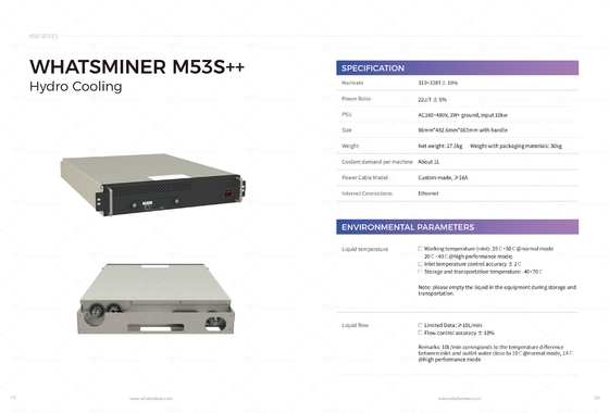 Υδρο υδρόψυξη μηχανών μεταλλείας ψύξης Whatminer M53S++ 310T 328T BTC