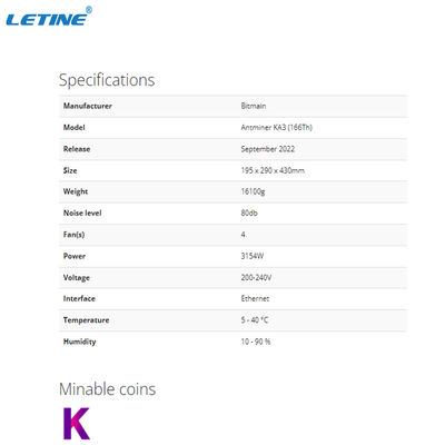 Αποθέματα KDA Miner Bitmain Antminer KA3 166T 3154W κατανάλωση ενέργειας