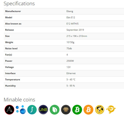 44α 2500 Watt Sha-256 ανθρακωρύχων E12 BTC Ebang Ebit λευκό