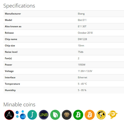E11 30ο 1950W Sha-256 ανθρακωρύχος 74db 10nm BTC Ebang Ebit
