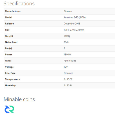 34ος Hashrate 1800W Bitmain ανθρακωρύχος Dr5 34t Antminer Scrypt με PSU