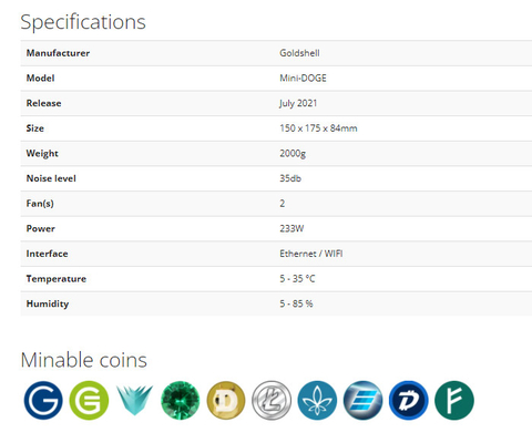 Ανθρακωρύχος κατανάλωσης ισχύος 233W Goldshell Asic Hashrate 185Mh αλγορίθμου Scrypt μεταλλείας Goldshell μίνι-DOGE