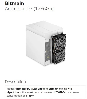 Μηχανή μεταλλείας ανθρακωρύχων D7 1.286th/S 1183g 1234G Antminer D7 1286gh 3148W X11 Asic Bitmain
