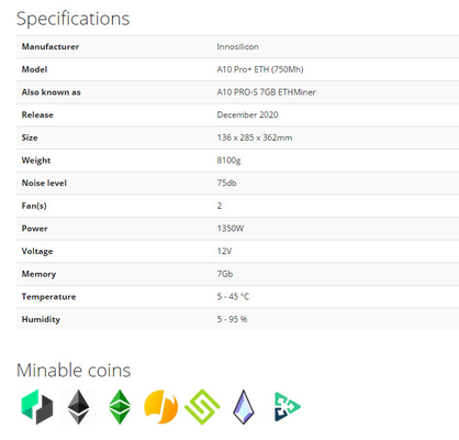 A10 υπέρ ανθρακωρύχος Ethereum 960W EtHash Algo 500Mh ETH Innosilicon Asic