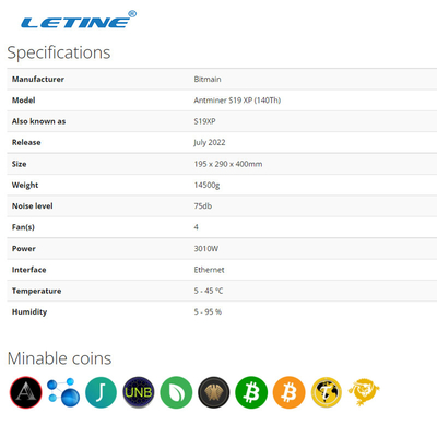 S19 XP 140Ο 3100W Bitmain Asic Antminer υψηλό Hashrate 75db