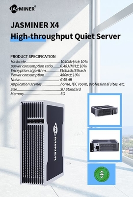 Χαμηλού θορύβου μίνι ανθρακωρύχος Jasminer x4-q 1040m ETH Ethash συμπαγές μέγεθος 480W κερδοφόρο